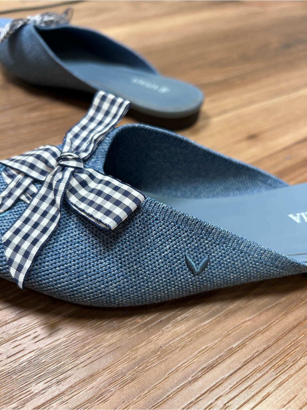 Vivaia pointed toe mules gingham bow size 38 US 7 flats preppy Twee teacher - Picture 4 of 7